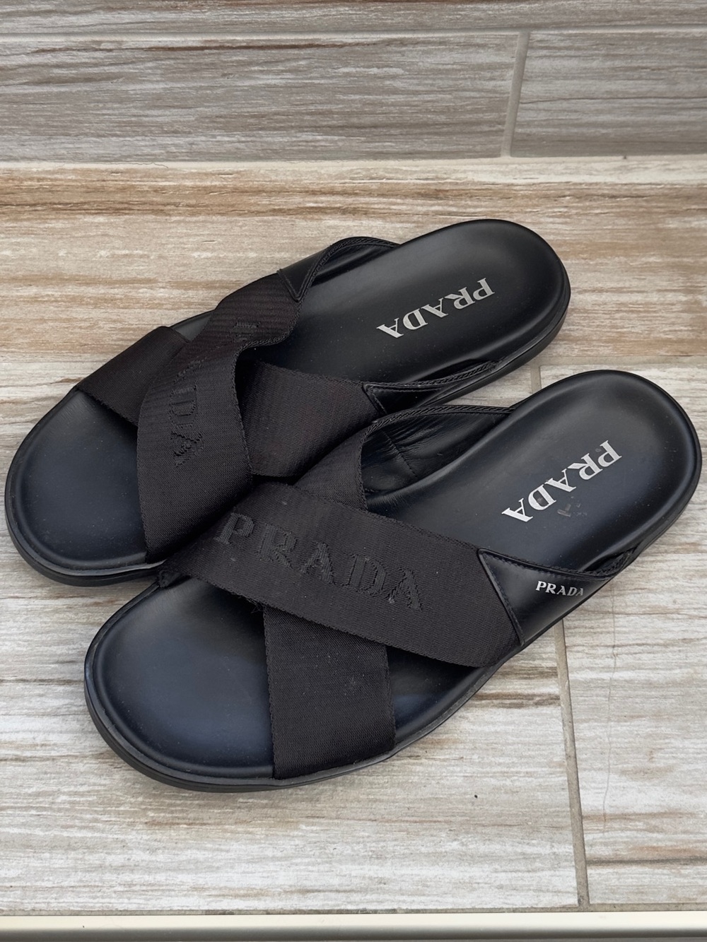 Prada Brushed Leather and Re-Nylon Tape Crisscross Slides